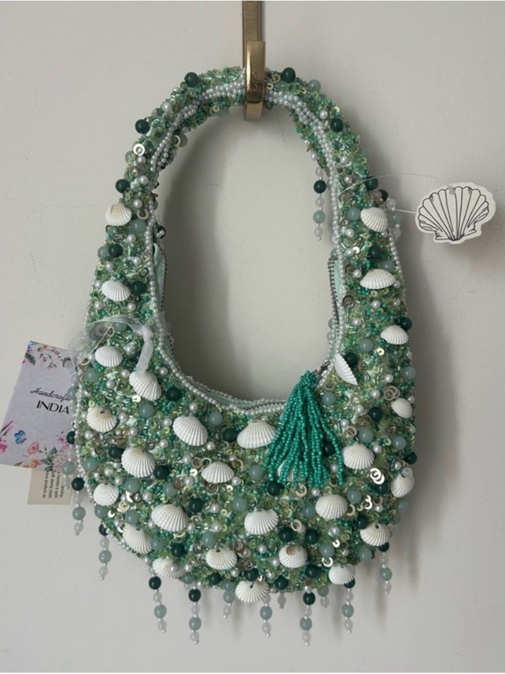 NWT Viral Handmade Sea Shell Beaded Hobo Bag in Aqua Green